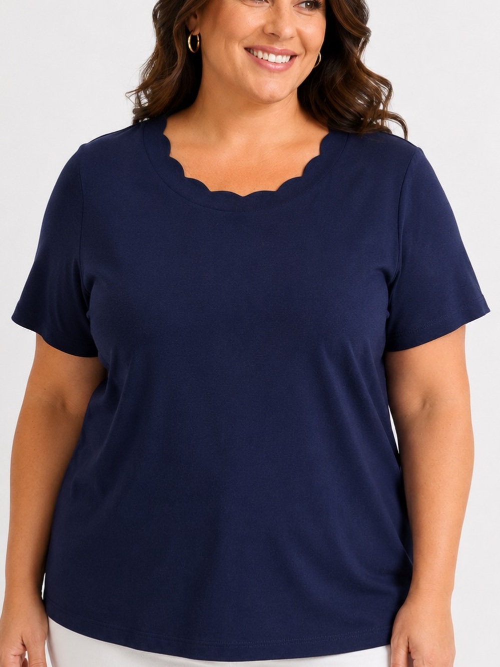 Talbots Navy Pima Cotton Tee 2X Quiet Luxury Minimalist Scallop Neck Top Preppy